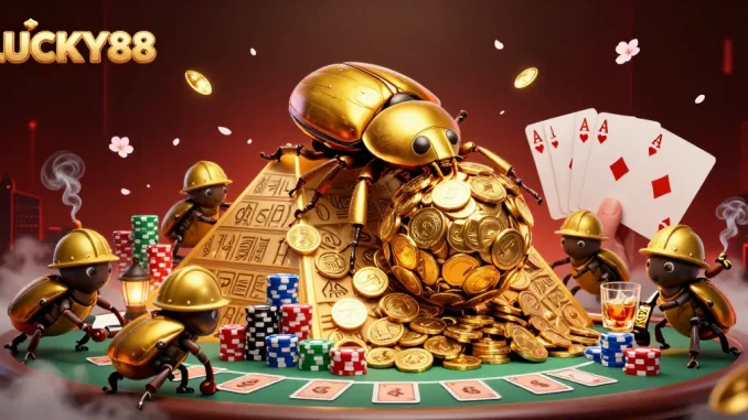 LUCKY88's engaging casino adventure with gold coins and dynamic poker elements in an illustration.
