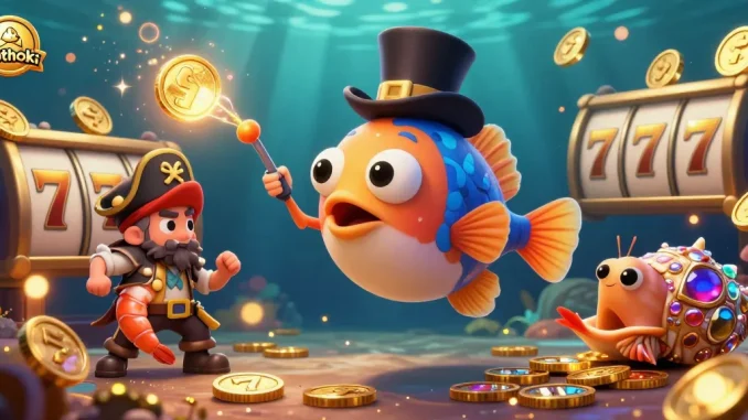 Permainan slot di slothoki menarik perhatian dengan ikan pemancing bercahaya dan simbol keberuntungan.