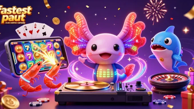 Experience excitement at the fastest payout online casino Canada with vibrant casino elements and engaging characters.