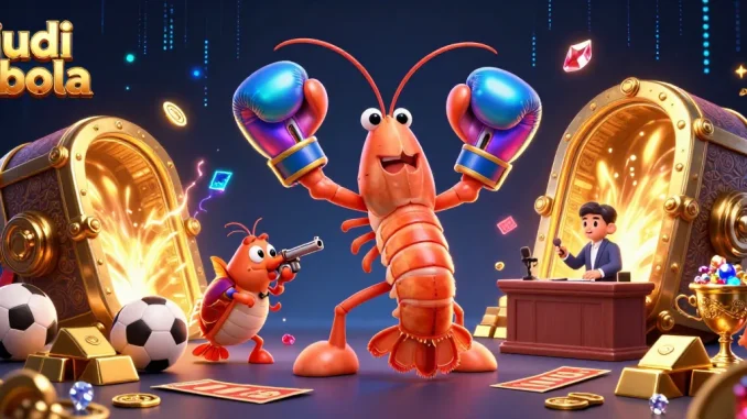 Engage in judi bola excitement as vibrant characters celebrate thrilling sports betting adventures with dynamic treasures.