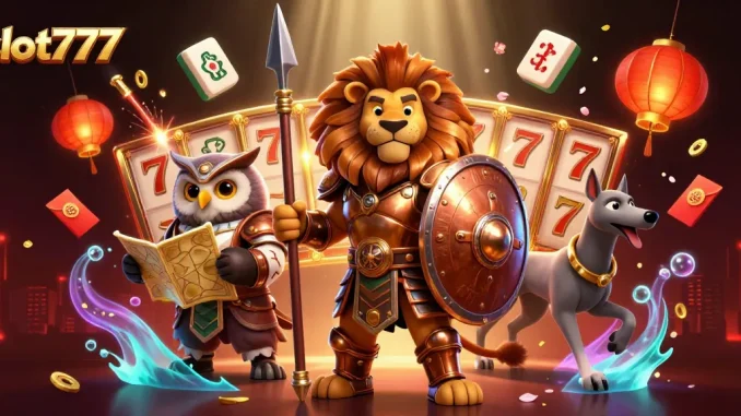 Join slot777 gameplay with a Spartan lion, an owl strategist, and a greyhound messenger.