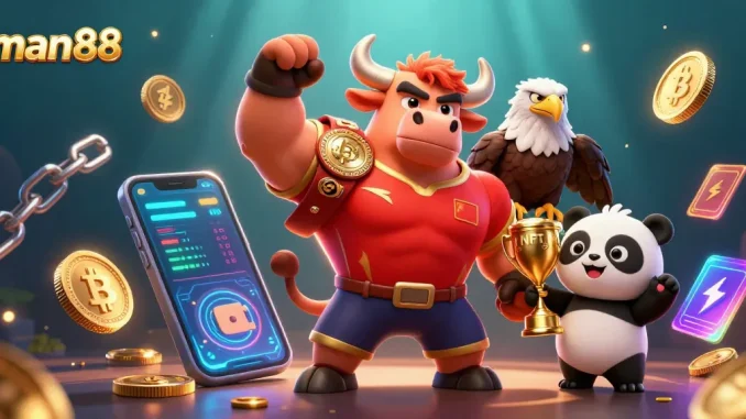 Join the winning action at man88 with vibrant gaming characters and cryptocurrencies.