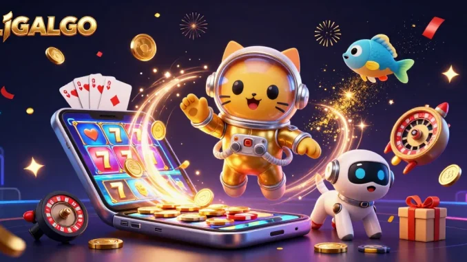 LIGALGO astronauts celebrate casino wins with colorful slot games and exciting poker action.