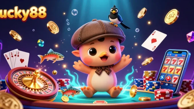 Spins the lucky88 roulette while baby Nessie and friends celebrate with coins and excitement.