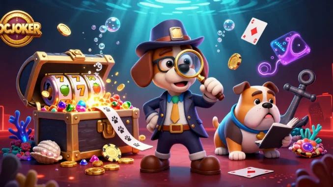 Engage with IDCJOKER’s vibrant gaming scene featuring a cartoon detective and treasures.