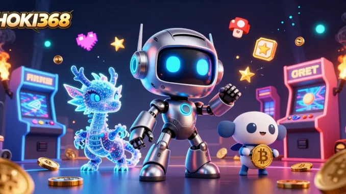 Engage with HOKI368 through an exciting 3D scene illustrating casino gaming elements and vibrant characters.