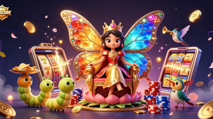 IDNSCORE showcases a colorful 3D immersive casino scene with slot reels and dynamic game elements.