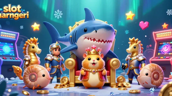 Engage with slot luar negeri featuring a golden hamster king amidst colorful arcade machines.