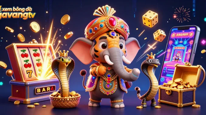 xem bóng đá gavangtv showcases vibrant casino elements and characters in action-packed 3D illustration.