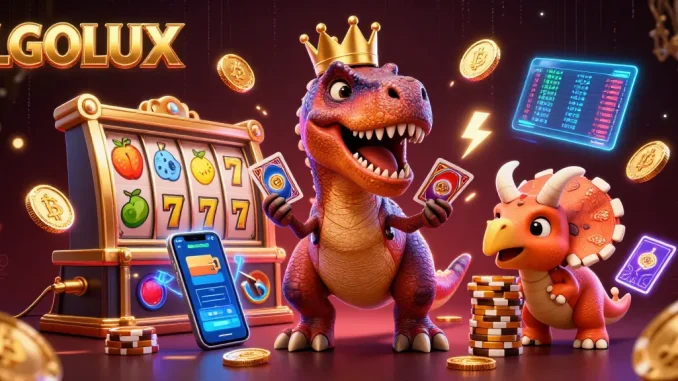 Experience gaming excitement at LGOLUX with T-Rex shuffling cards and vibrant slot reels!
