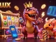 Experience gaming excitement at LGOLUX with T-Rex shuffling cards and vibrant slot reels!