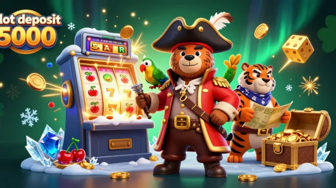 Play exciting slots with slot deposit 5000 on a vibrant, dynamic casino scene filled with colorful elements.