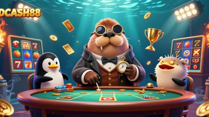 Experience engaging slots at IDCASH88 with a whimsical poker scene featuring vibrant 3D characters.