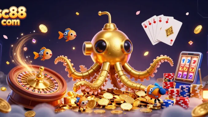 Engage in winnings at sc88 com with vibrant 3D casino-themed illustration featuring the golden kraken and casino elements.