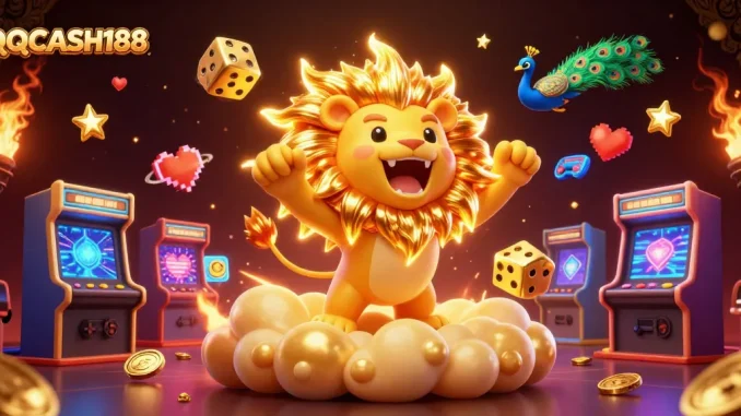 Engage in thrilling gameplay at QQCASH188 with vibrant 3D casino illustration featuring a roaring sun lion.
