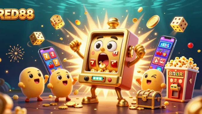 Spin for big wins with RED88’s energetic slot machines and golden coins bursting in celebration.