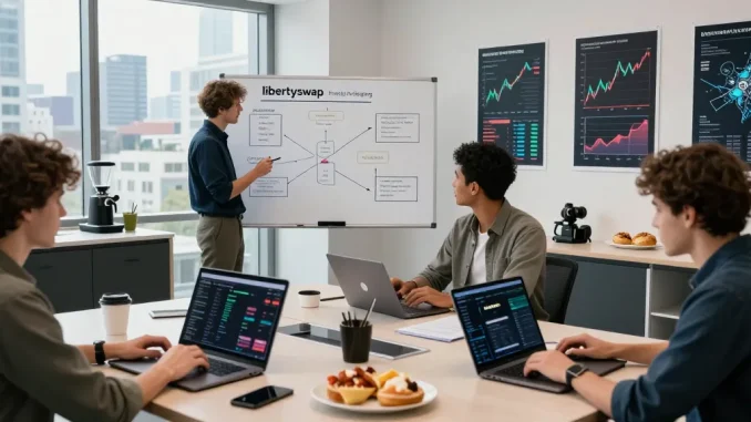 Team collaborating on libertyswap cross-chain trading strategies in a modern office