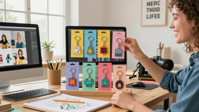 Custom keychains displayed in a vibrant workspace showcasing a variety of designs and packaging.