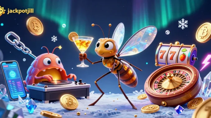 Experience jackpotjill's vibrant casino world with a stylish frozen mosquito mascot and dynamic gaming elements.