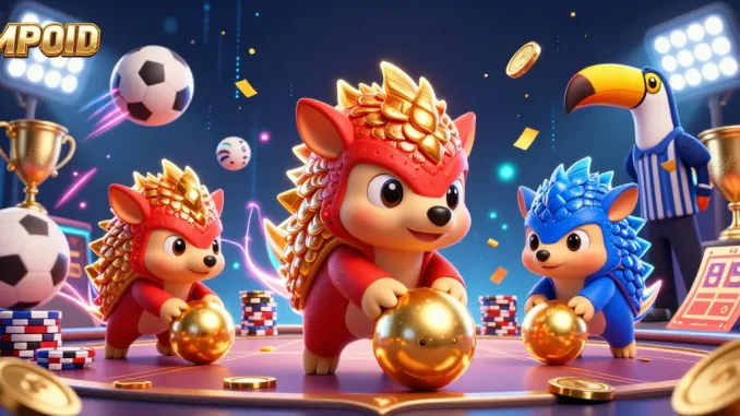 MPOID showcases a competitive 3D gaming scene with pangolins bowling through poker chips and sports elements.