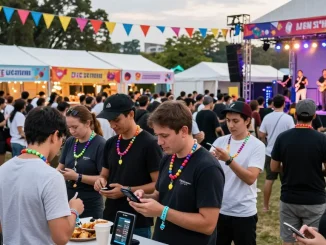 Attendees at a festival using pulseras NFC for events to streamline access and payments while enjoying performances.