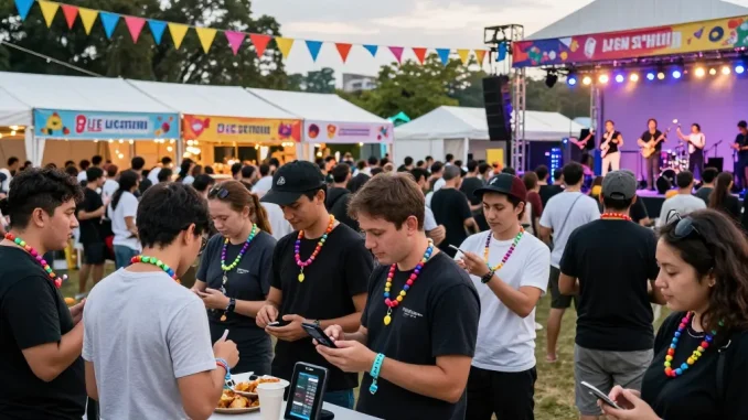Attendees at a festival using pulseras NFC for events to streamline access and payments while enjoying performances.