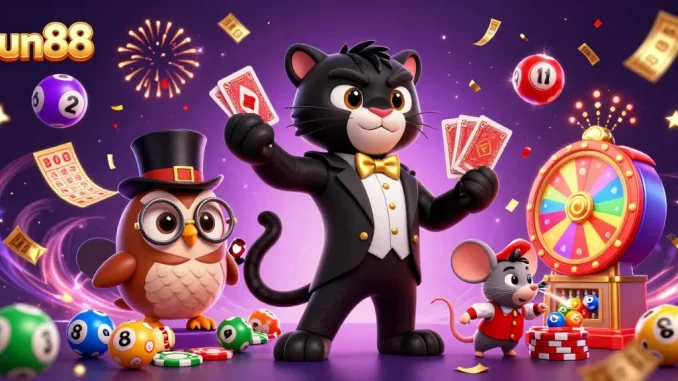 Watch the stylish panther in tuxedo deal cards at jun88's vibrant casino scene filled with excitement.