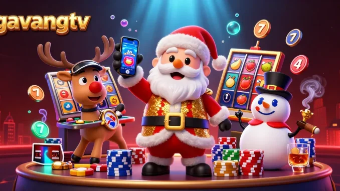 Experience the excitement of gambling with gavangtv, featuring Santa and friends in a vibrant casino scene.