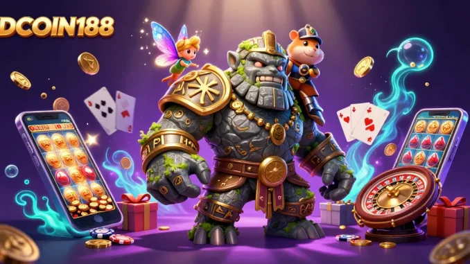 Engage in thrilling slots with IDCOIN188, featuring enchanting characters and dynamic casino elements in a vibrant scene.