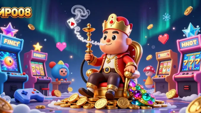 MPO08 engages players with a vibrant 3D illustration of games and characters, showcasing the immersive online casino experience.
