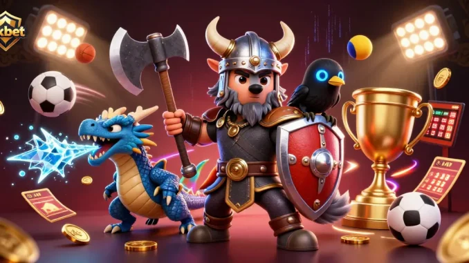 Experience thrilling action with 8xbet as a Viking wolf warrior battles alongside a fierce dragon in this dynamic casino scene.