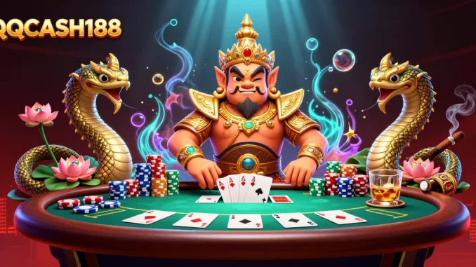 Engage with QQCASH188’s vibrant poker scene featuring an exciting Thai-themed illustration.