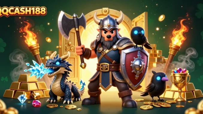 Engage with QQCASH188 as a Viking warrior, dragon, and treasures come to life in a dynamic casino scene.
