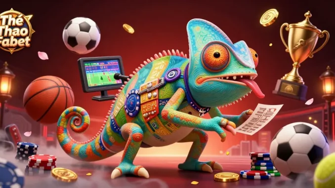 Engaging illustration showcasing Thể Thao Fabet with vibrant sports elements and a dynamic chameleon casino owner.