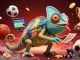 Engaging illustration showcasing Thể Thao Fabet with vibrant sports elements and a dynamic chameleon casino owner.