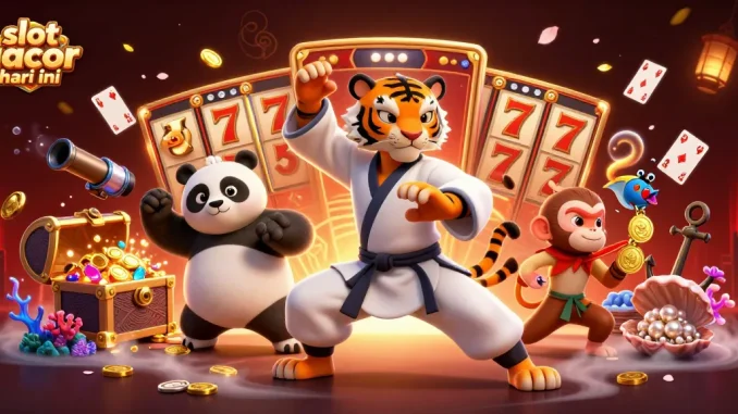 Slot gacor hari ini memperlihatkan tigrus kung fu mengajar, sambil dikelilingi simbol permainan slot yang berwarna-warni.