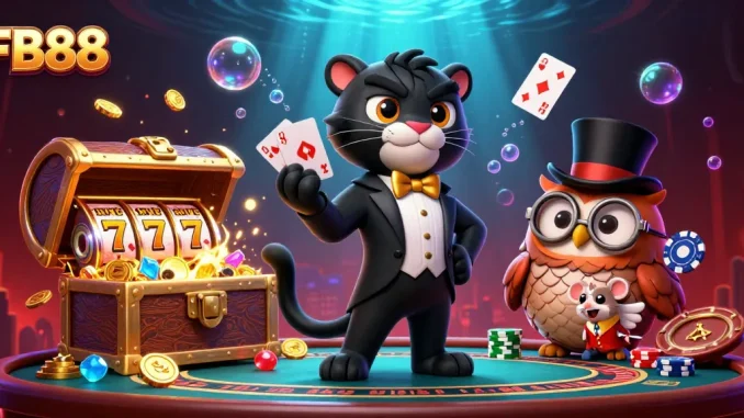 Experience exciting card dealing and poker with FB88's colorful casino scene featuring charming characters.