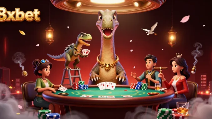 8xbet experience with a giant brontosaurus overseeing poker action at a whimsical casino.