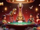 8xbet experience with a giant brontosaurus overseeing poker action at a whimsical casino.