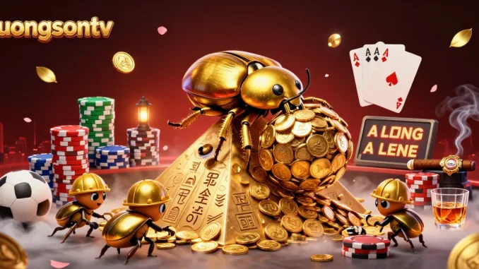 luongsontv showcases a cartoon beetle scene with sports balls and vibrant casino elements.