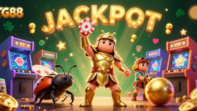 Experience thrilling games at TG88 with vibrant visuals of a beetle champion lifting a poker chip.