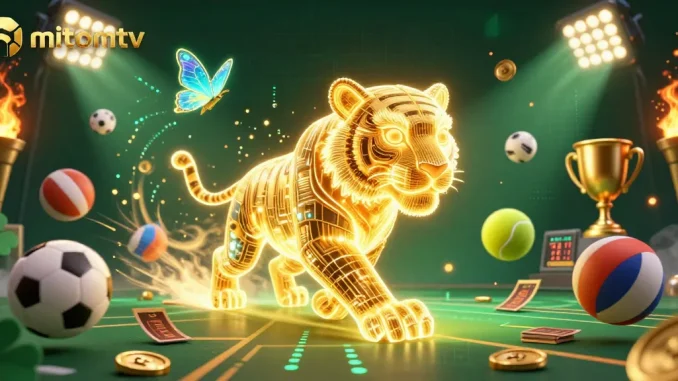 View the thrilling scene of mitomtv featuring a neon-wireframe tiger in a digital casino, surrounded by dynamic sports elements.