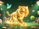 View the thrilling scene of mitomtv featuring a neon-wireframe tiger in a digital casino, surrounded by dynamic sports elements.