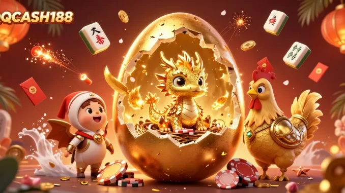 Play exciting games at QQCASH188, featuring a golden dragon and poker chips in a vibrant casino scene.