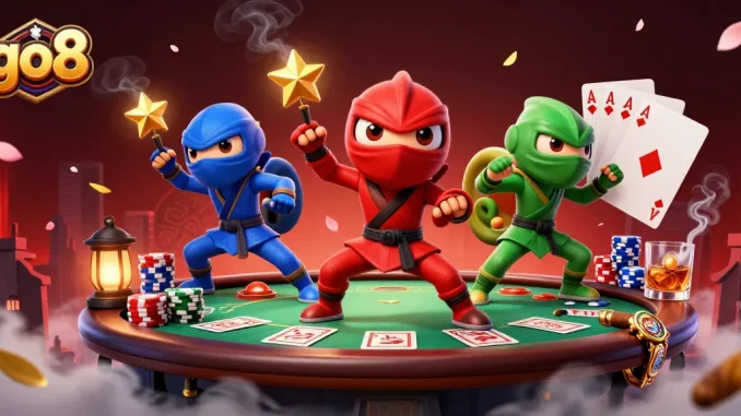Engage in thrilling go8 casino action with colorful ninja chameleons mastering poker as colorful chips fly.