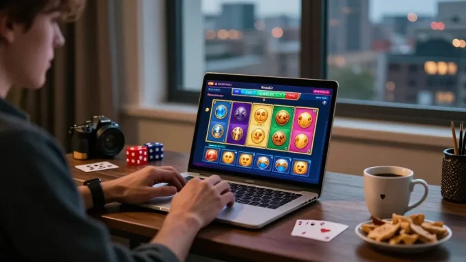 Player enjoying online casinos at https://eviz.org.uk with a laptop displaying vibrant game selections, creating a cozy and immersive gaming environment.