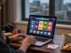 Player enjoying online casinos at https://eviz.org.uk with a laptop displaying vibrant game selections, creating a cozy and immersive gaming environment.