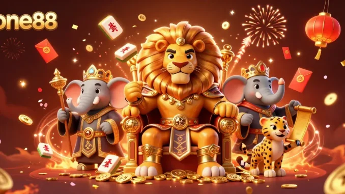 Engage with one88's vibrant casino world featuring a lion king, elephant advisor, and cheetah messenger.