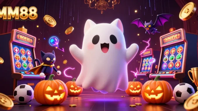 MM88 showcases thrilling gameplay with a friendly ghost cat in a casino adorned with glowing jack-o-lanterns.