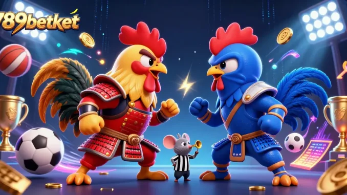 Enter the exciting world of 789betket with dynamic cartoon roosters in a fierce standoff amidst vibrant gaming elements.